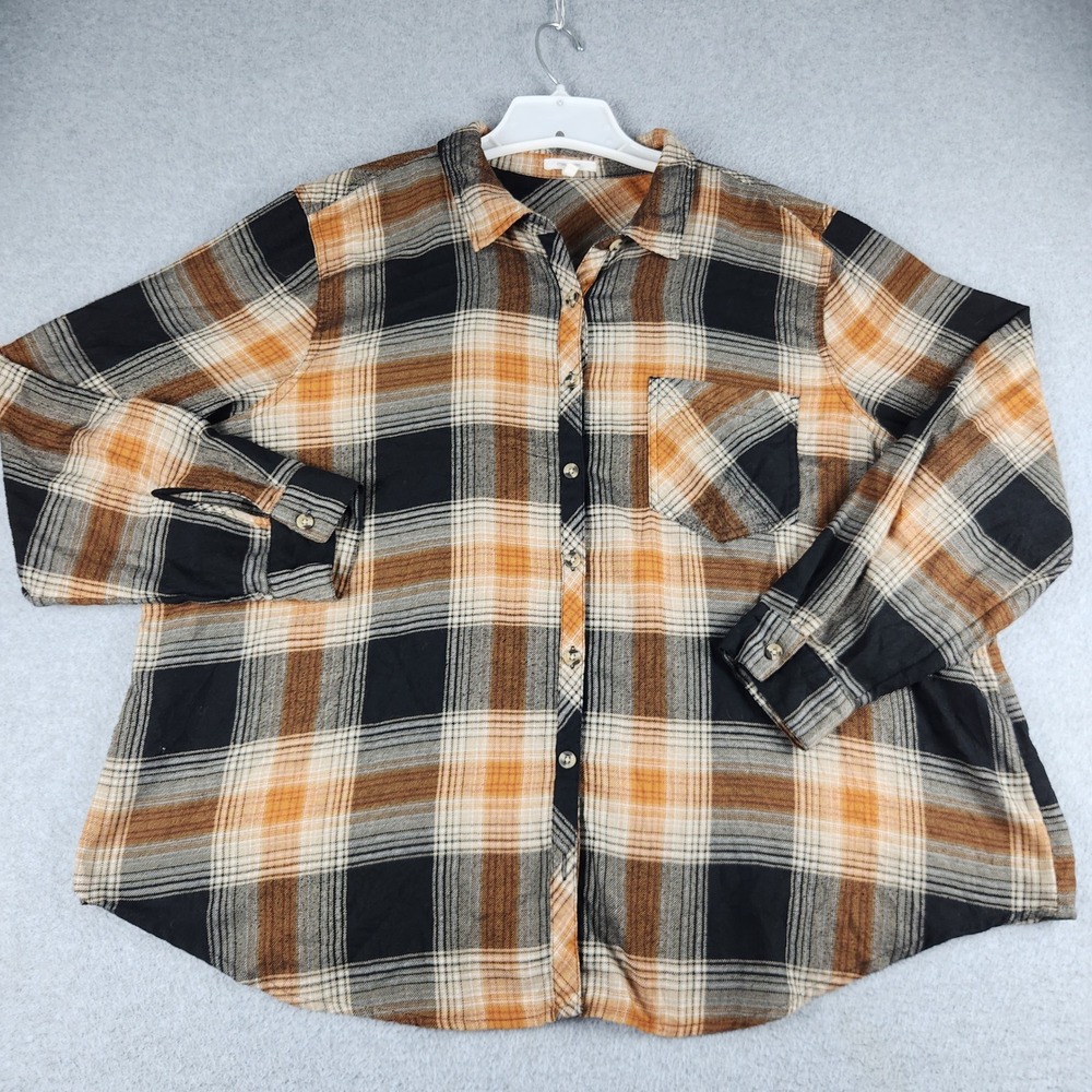 Maurices Plaid Shirt Womens 2X Orange Black Long Sleeve Button Up Curved Hem